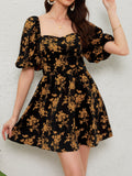 Charming Floral Print Dress with Sweetheart Neckline - Voluminous Puff Sleeves for Spring & Summer Elegance - Womens Casual to Formal Wear