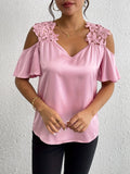 Lace Splicing Cold Shoulder Blouse, Elegant Flutter Sleeve V-neck Blouse For Spring & Summer, Women's Clothing