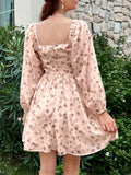 Long Sleeve Elegant Sweet Floral Print Square Neck Ruched Front A-line Mini Dress for Spring & Fall, Women's Clothing
