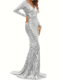 Long Sleeve Sequined Mermaid Fit and Flare Dress - Elegant V-neck, Geometric Pattern, Regular Sleeve, No Elasticity - Perfect for Wedding, Evening, Party, Banquet, Occasion, Engagement, and Ceremony