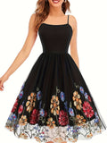 Vintage-Inspired Fitted Cocktail Dress - Elegant Spaghetti Strap, Floral Embroidery, Knit Fabric, Mesh Overlay, 100% Polyester, All-Season Wear, Embroidered, Fitted Silhouette, Comfortable, Party-Perfect - Ideal for Women's F