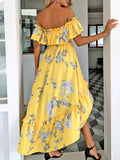 Floral Print Dipped Hem Dress, Vacation Off Shoulder Ruffle Trim Dress, Women's Clothing