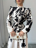 Stunning Floral Print Long Sleeve Belted A-line Dress with Elegant Ruffle Trim Mock Neck, Women's Clothing