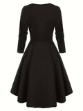 Plus Size Retro Dress, Women's Plus Colorblock Plaid Print Button Decor Long Sleeve Square Neck A-line Dress