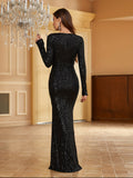 Long Sleeve Sequin Ruched Mermaid Bodycon Dress - Elegant V-Neck Plunging Split Evening Gown for Women - Hand Washable, Micro Elastic, Solid Color, Customized, All-Season Party & Banquet Outfit