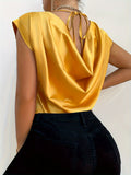 Elegant Micro Elasticity Crew Neck Blouse - Soft Polyester Draped Tie Back Shirt for Spring & Summer - Womens Solid Color Short Sleeve Shirting with Elegant Style