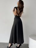 Elegant Peplum Maxi Dress for Women - Polyester Blend, Crew Neck, Solid Color, Sleeveless, Woven Summer Dress
