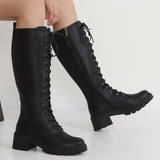 Knee High Boots - Fashionable Platform Boots with Chunky Block Heel, Convenient Zipper Closure and Adjustable Lace Up Fastening - Designed for Women, Versatile Style to Match Any Outfit, Knight-Inspired Boot Style