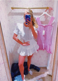 Zjkrl Summer Short Sleeve Vocation Women White Mini Dress Holiday Lace Ruffled Dress Pink