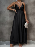 Sequined Deep V-neck Halter Dress, Elegant Smocked Aline Dress For Party & Banquet, Women's Clothing