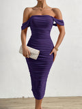 Elegant Off-The-Shoulder Ruched Bodycon Dress - High-Elasticity, Skin-Tight, Solid-Colored, Knit Fabric, Hand-Washable, Perfect for Party, Banquet, and Vacation - Womens All-Season Clothing