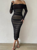 Glamorous Off-Shoulder Ruched Bodycon Dress - Chic Long Sleeve Evening Gown for Parties & Banquets - Premium Womens Fashion
