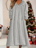Long Sleeve Plus Size Women's Solid Fleece Drawstring Hooded Dress With Pockets