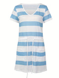 Striped Drawstring Waist V-neck Dress, Casual Short Sleeve Dress For Spring & Summer, Women's Clothing