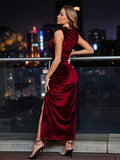 Solid Color Draped Velvet Formal Dress, Elegant Vintage Sleeveless Split Hem Slim Fit Evening Dress For Party & Banquet, Women's Clothing