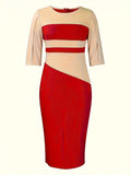 Zjkrl  -  Fashion-Forward Color Block Midi Dress - Versatile Crew Neck Bodycon Style - Perfect for Modern Womens Wardrobe
