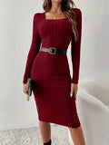 Bodycon Midi Dress - Elegant Square Neck, Long Sleeve, Ribbed Solid Color, Perfect for Spring and Fall, Women's Clothing