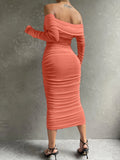 Glamorous Off-Shoulder Ruched Bodycon Dress - Chic Long Sleeve Evening Gown for Parties & Banquets - Premium Womens Fashion