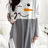 Zjkrl  -  Plus Size Christmas Dress - Adorable Festive Snowman Print Long Sleeve Round Neck Tee Dress with Convenient Pockets for Curvy Women