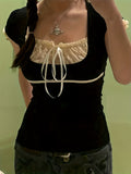 Short Sleeve Square Neck Contrast Lace Knit Top - Comfortable Mid Elasticity Cotton Tee for Cute Y2K Style - Summer Solid Color No Printing No Sheer