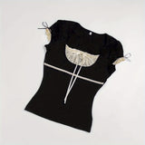 Short Sleeve Square Neck Contrast Lace Knit Top - Comfortable Mid Elasticity Cotton Tee for Cute Y2K Style - Summer Solid Color No Printing No Sheer
