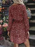 Ditsy Floral Print Dress, Elegant Ruffle Hem Drawstring Long Sleeve Dress, Women's Clothing