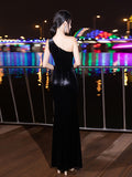 Elegant One Shoulder Velvet Cut Out Dress, Sleeveless Ruched Split Thigh Evening Gown for Party & Banquet, Women's Clothing