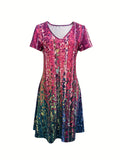 Abstract Print Color Block Dress, Boho V Neck Short Sleeve Dress, Women's Clothing