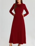 Elegant Long Sleeve Maxi Fit and Flare Dress with Pockets - Soft High Elasticity Polyester Fabric, Solid Color, Cowl Neck, Comfortable for All Seasons - Womens Everyday Wear