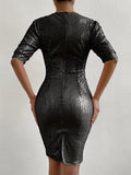 Glitzy Sequin Evening Dress - Flattering V Neck, Half Sleeves, Side Split - Glamorous Party & Clubwear for Women