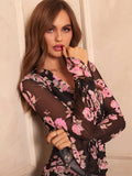 Stunning Floral Mesh Bodycon Dress - Women's Chic Vintage-Inspired Long Sleeve Cowl Neck Dresses with Stretch Fabric, Machine Washable, and Comfortable Fit