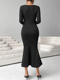 Bodycon Square Neck Mermaid Hem Dress, Elegant Long Sleeve Dress For Spring & Fall, Women's Clothing