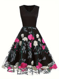 Adult Women's All-Season Vintage Floral Print Embroidered V-Neck Polyester Blouse Dress
