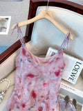Elegant For Spring & Summer Rose Print Tie Shoulder Sleeveless Spaghetti Strap Cami Dress, Women's Clothing