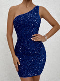 Glittering Sequined One Shoulder Bodycon Dress - Flattering Slim Fit for Nightlife & Parties - Fashionable Womens Mini Dress