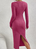 Elegant Long Sleeve Crew Neck Dress - Versatile Ribbed Knit with Split Hem, Perfect for Women in Fall & Winter