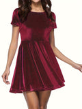 Elegant Velvet Dress - Fitted Solid Waist, Ruffled Hem, Short Sleeves, Classic Crew Neck - Exuding Sophistication, Designed for Womens Clothing