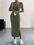 Zjkrl  -  Long Sleeve Bodycon Ribbed Knit Dress - Sexy Crew Neck Split Thigh Slim Fit with Mid Elasticity - Machine Washable Polyester Fabric for Fall/Winter Season