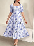 Charming Floral Print Square Neck Aline Dress - Flirty Short Sleeves with Ruffle Trim, Timeless Style for Spring & Summer - Feminine, Elegant Womens Clothing