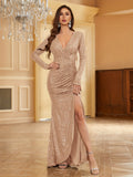 Long Sleeve Sequin Ruched Mermaid Bodycon Dress - Elegant V-Neck Plunging Split Evening Gown for Women - Hand Washable, Micro Elastic, Solid Color, Customized, All-Season Party & Banquet Outfit