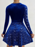Stunning Solid Contrast Sequin Mini Dress - Elegant V Neck Long Sleeve Dresses for Women - Sparkling Evening Wear with Flattering Fit and Chic Design