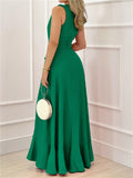 Sleeveless Deep V Neck Fit and Flare Maxi Dress - Elegant Solid Color Polyester Asymmetrical High Waist Dress for Women - Perfect for Summer Middle East Style Elegant Dressing