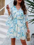 Charming Floral Print V-neck Swing Dress with Belted Waist & Ruffle Flare Sleeves - A Feminine and Elegant Addition to Your Wardrobe - Womens Clothing