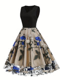 Adult Women's All-Season Vintage Floral Print Embroidered V-Neck Polyester Blouse Dress