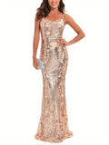 Elegant Skinny Sequined Dress, Sleeveless Floor Length Dress For Party & Banquet, Women's Clothing