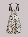 Floral Print Tie Strap Dress, Chic Sleeveless Sweetheart Neck A-line Dress For Spring & Summer, Women's Clothing