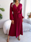 Elegant Micro-Elastic Tunic Dress – Solid Pleated V-Neck with Lantern Sleeves & Belt, Perfect for Adult Women's Fall/Winter Fashion