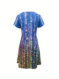 Abstract Print Color Block Dress, Boho V Neck Short Sleeve Dress, Women's Clothing