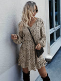 Ditsy Floral Print Dress, Elegant Ruffle Hem Drawstring Long Sleeve Dress, Women's Clothing