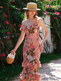Floral Print Ruffle Trim Off Shoulder Dress, Elegant Stylish Slim Fit Maxi Dress For Spring & Summer, Women's Clothing